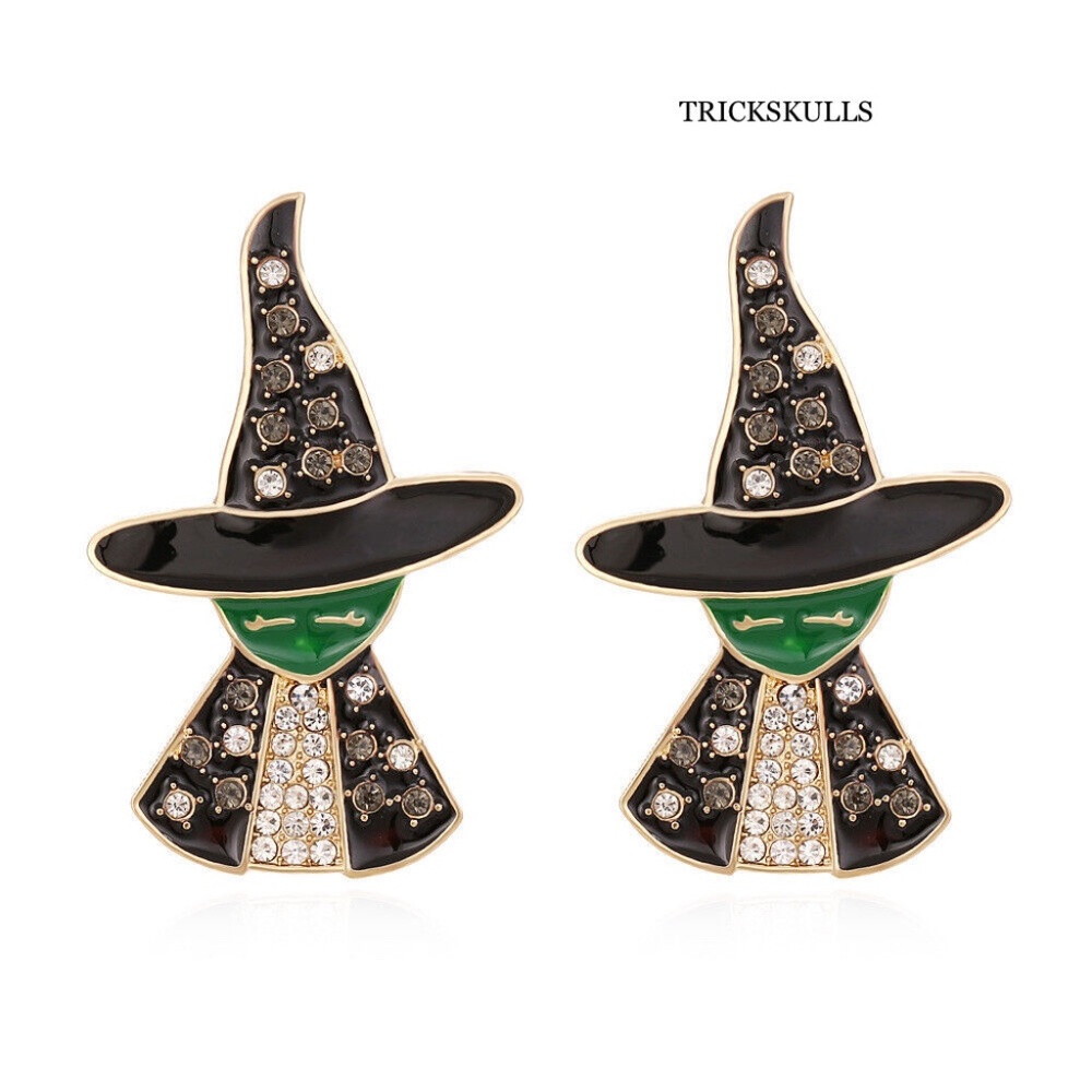 Black & Green Enamel Witch with Black & White Rhinestones Stud Earrings Sealed!